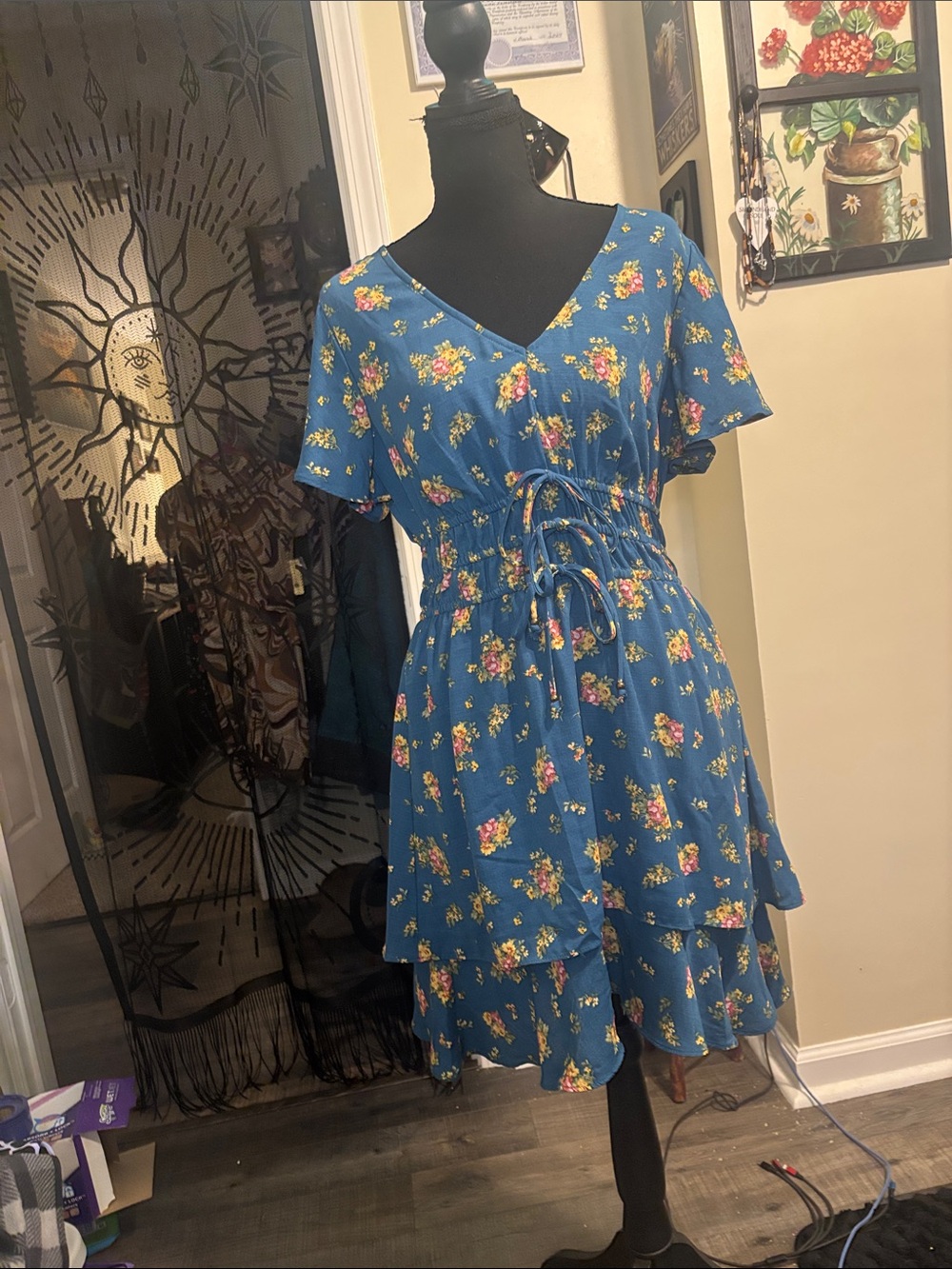 BeBop Blue Floral V-Neck Tie-Waist Mini Dress